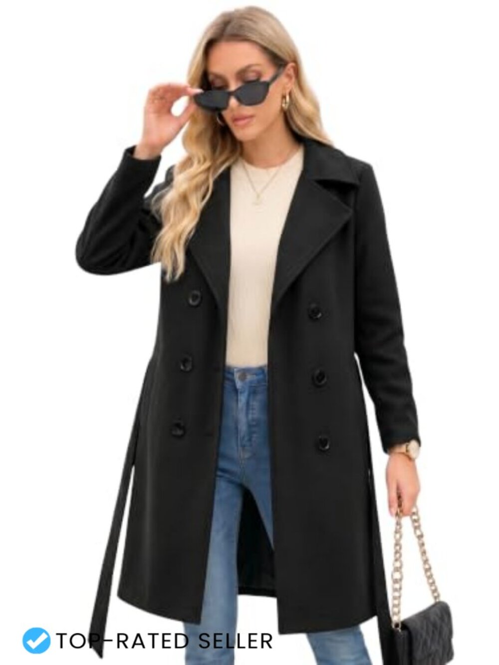 Faux Wool Double Breasted Trench Coat Long Sleeve Belted Winter